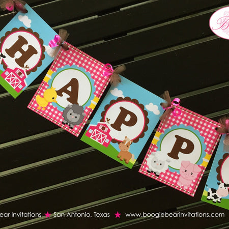 Pink Farm Animals Happy Birthday Banner Party Petting Zoo Barn Girl Horse Cow Pig Sheep Lamb Country Boogie Bear Invitations Shirley Theme