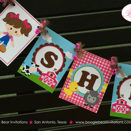 Pink Farm Birthday Party Banner Name Petting Zoo Animals Tractor Barn Girl Horse Pig Cow Sheep Duck Boogie Bear Invitations Shirley Theme