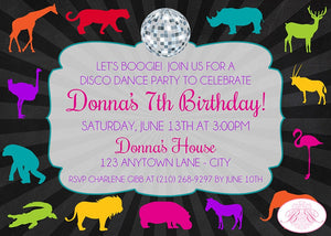 Disco Wild Animals Party Invitation Birthday Dance Girl Boy Zoo Exotic Retro Boogie Bear Invitations Donna Theme Paperless Printable Printed