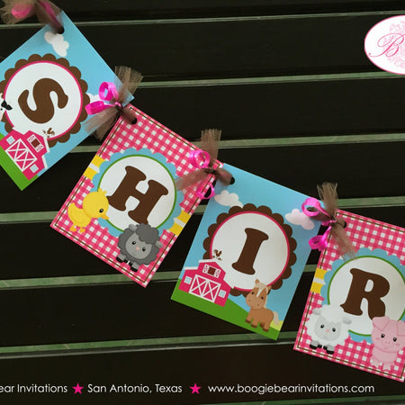 Pink Farm Birthday Party Banner Small Girl Petting Zoo Animals Brown Barn Country Cow Horse Sheep Lamb Boogie Bear Invitations Shirley Theme