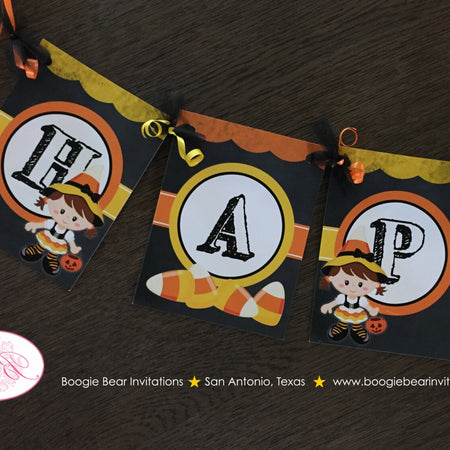 Candy Corn Girl Happy Birthday Banner Party Chalkboard Black Fall Costume Orange Yellow Pumpkin Sweet Boogie Bear Invitations Tabitha Theme