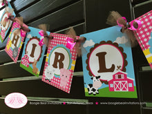 Load image into Gallery viewer, Pink Farm Birthday Party Banner Small Girl Petting Zoo Animals Brown Barn Country Cow Horse Sheep Lamb Boogie Bear Invitations Shirley Theme