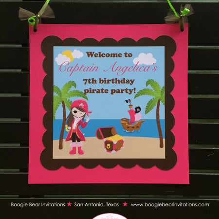 Pink Pirate Birthday Party Door Banner Beach Girl Ship Palm Tree Island Treasure Hunt Tropical Boogie Bear Invitations Angelica Theme
