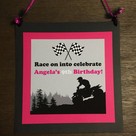 Pink ATV Birthday Party Door Banner Quad Off Road Girl Black All Terrain Vehicle 4 Wheeler Racing Race Boogie Bear Invitations Angela Theme
