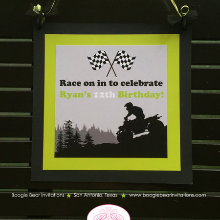 ATV Off Road Birthday Door Banner Party Quad Boy Girl Lime Green Black All Terrain Vehicle 4 Wheeler Race Boogie Bear Invitations Ryan Theme