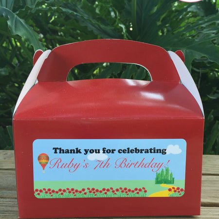 Wizard of Oz Party Treat Boxes Favor Tags Red Shoes Yellow Brick Road No Place Like Home Good Witch Magic Boogie Bear Invitations Ruby Theme