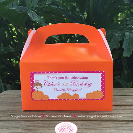 Pink Pumpkin Party Treat Boxes Favor Tags Bag Birthday Girl Fall Autumn Harvest Farm Barn Country Boogie Bear Invitations Chloe Theme