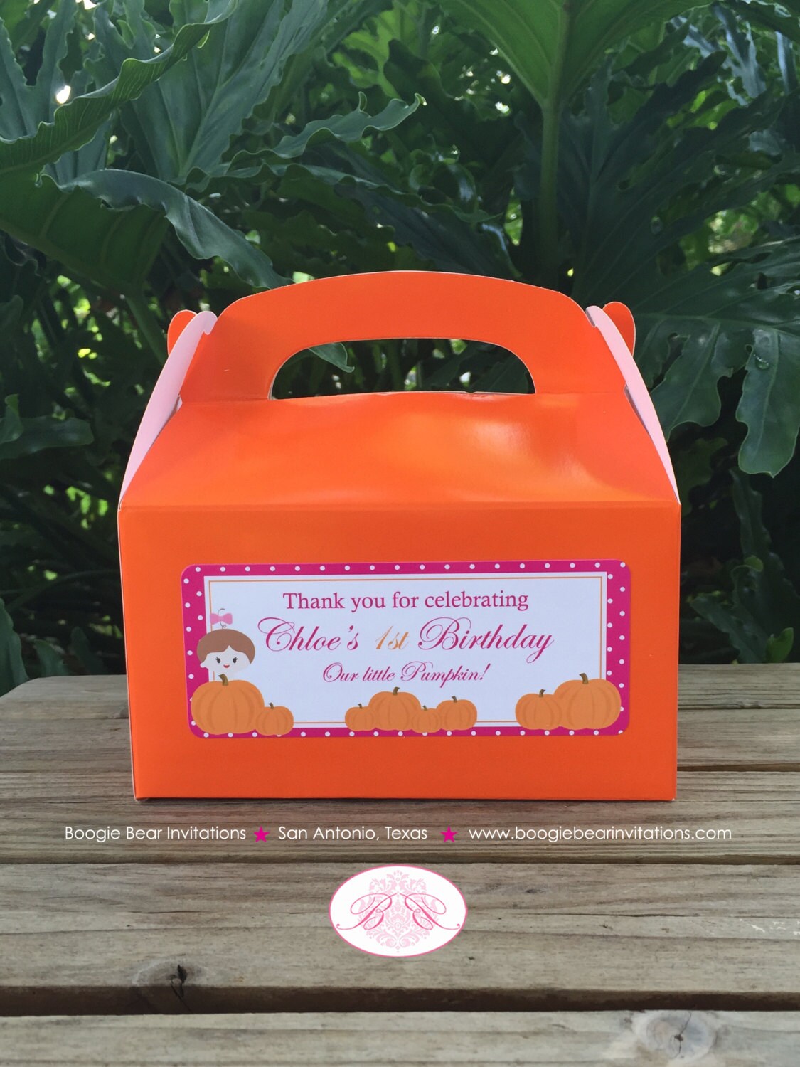 Pink Pumpkin Party Treat Boxes Favor Tags Bag Birthday Girl Fall Autumn Harvest Farm Barn Country Boogie Bear Invitations Chloe Theme