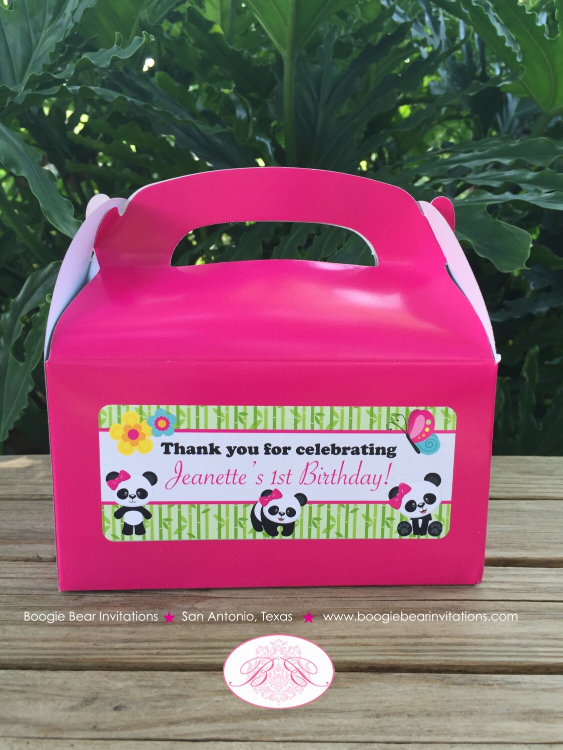 Pink Panda Bear Birthday Party Treat Boxes Favor Tags Girl Butterfly Black Spot Dot Wild Zoo Animals Boogie Bear Invitations Jeanette Theme