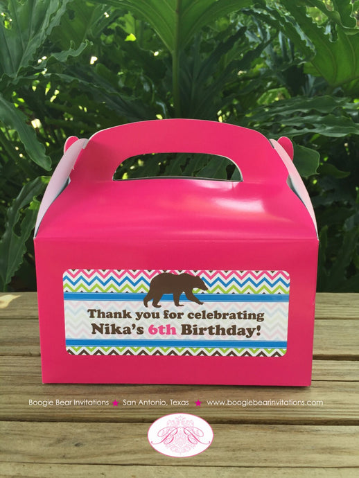 Pink Bear Birthday Party Treat Boxes Grizzly Favor Tags Chevron Girl Blue Green Brown Woodland Wild Retro Boogie Bear Invitations Nika Theme