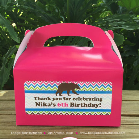 Pink Bear Birthday Party Treat Boxes Grizzly Favor Tags Chevron Girl Blue Green Brown Woodland Wild Retro Boogie Bear Invitations Nika Theme