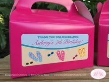 Load image into Gallery viewer, Flip Flop Pool Party Treat Boxes Birthday Favor Tag Beach Girl Pink Swimming Beach Ball Ocean Splash Boogie Bear Invitations Aubrey Theme