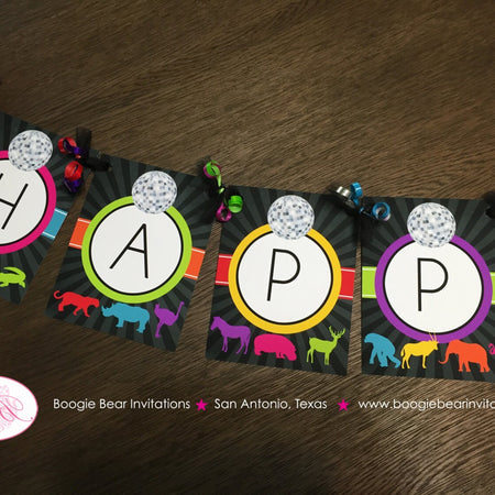 Disco Dance Happy Birthday Party Banner Wild Zoo Animals Jungle Girl Boy Tropical Amazon Ball Neon Black Boogie Bear Invitations Donna Theme
