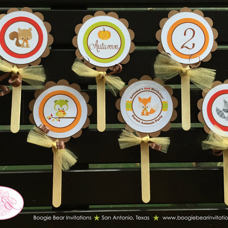 Fall Woodland Animals Cupcake Toppers Birthday Party Owl Squirrel Fox Raccoon Pumpkin Bird Boy Girl Boogie Bear Invitations Autumn Rae Theme