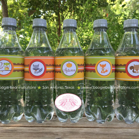 Forest Animals Birthday Party Bottle Wraps Wrapper Cover Label Fall Pumpkin Boy Girl Woodland Fox Boogie Bear Invitations Autumn Rae Theme