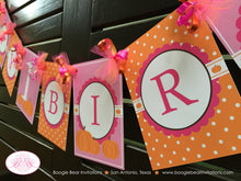 Load image into Gallery viewer, Pink Pumpkin Happy Birthday Party Banner Little Girl Polka Dot Orange Farm Barn Country Fall Autumn Boogie Bear Invitations Deanna Theme