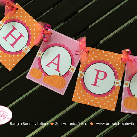 Pink Pumpkin Happy Birthday Party Banner Little Girl Polka Dot Orange Farm Barn Country Fall Autumn Boogie Bear Invitations Deanna Theme