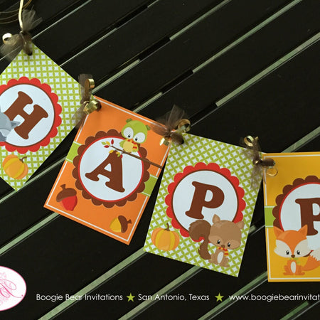 Fall Woodland Animals Happy Birthday Banner Party Owl Squirrel Fox Forest Creature Pumpkin Boy Girl Boogie Bear Invitations Autumn Rae Theme
