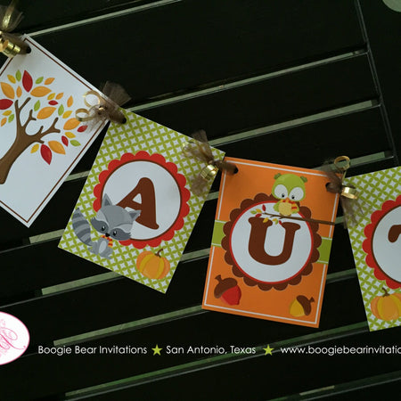 Woodland Animals Birthday Name Banner Fall Boy Girl Owl Squirrel Fox Forest Creatures Pumpkin Farm Boogie Bear Invitations Autumn Rae Theme