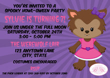 Load image into Gallery viewer, Werewolf Girl Birthday Party Invitation Halloween Full Moon Wild Wolf Pink Boogie Bear Invitations Sylvie Theme Paperless Printable Printed