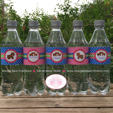 Twin Bear Baby Shower Bottle Wraps Wrappers Cover Label Pink Blue Green Dot Boy Girl Birthday Party Boogie Bear Invitations Patricia Theme