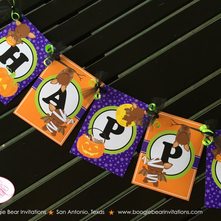 Halloween Bat Happy Birthday Banner Party Little Girl Boy Pumpkin Full Moon Stars Mummy Vampire Flying Boogie Bear Invitations Bram Theme
