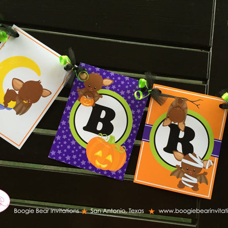 Halloween Bat Birthday Party Name Banner Little Girl Boy Fall Pumpkin Full Moon Night Stars Mummy Vampire Boogie Bear Invitations Bram Theme