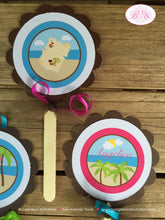 Load image into Gallery viewer, Pink Pirate Birthday Party Cupcake Toppers Beach Girl Green Blue Ship Island Sea Ocean Swimming Swim Boogie Bear Invitations Angelica Theme