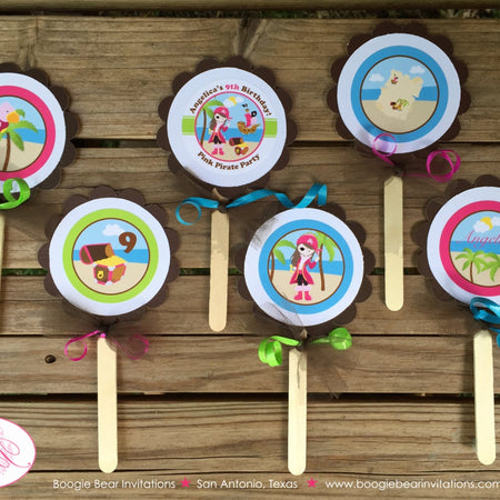 Pink Pirate Birthday Party Cupcake Toppers Beach Girl Green Blue Ship Island Sea Ocean Swimming Swim Boogie Bear Invitations Angelica Theme