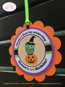 Halloween Owls Birthday Party Favor Tags Boy Girl Pumpkin Witch Orange Green Purple Black Fall Who Boo Boogie Bear Invitations Harlow Theme