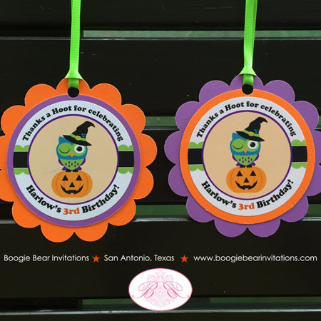 Halloween Owls Birthday Party Favor Tags Boy Girl Pumpkin Witch Orange Green Purple Black Fall Who Boo Boogie Bear Invitations Harlow Theme