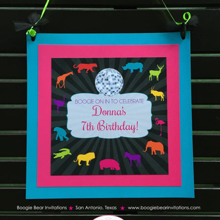 Disco Wild Animals Birthday Door Banner Dance Party Boy Girl Retro Ball Tropical Jungle Zoo 60s 70s Neon Boogie Bear Invitations Donna Theme