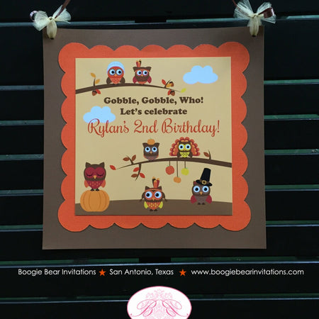 Thanksgiving Owls Birthday Door Banner Party Boy Girl Pumpkin Pilgrims Turkey Forest Autumn Harvest Bird Boogie Bear Invitations Rylan Theme