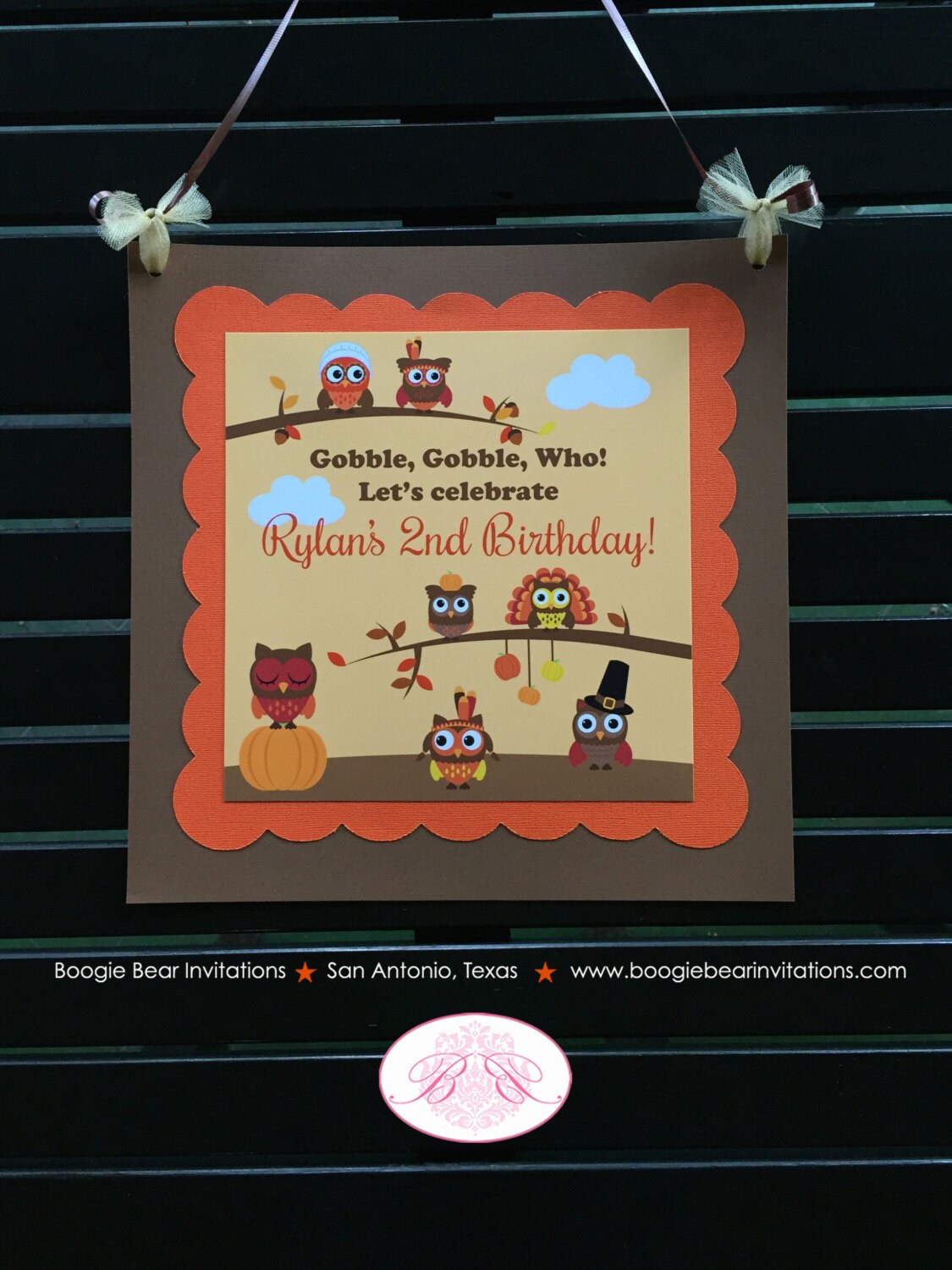 Thanksgiving Owls Birthday Door Banner Party Boy Girl Pumpkin Pilgrims Turkey Forest Autumn Harvest Bird Boogie Bear Invitations Rylan Theme