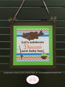 Bass Fishing Baby Shower Door Banner Fish Boy Girl Pole Bob Reel Chevron Brown Blue Green Birthday Lake Boogie Bear Invitations Duncan Theme