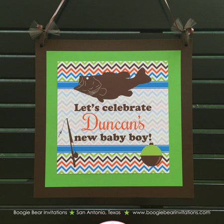 Bass Fishing Baby Shower Door Banner Fish Boy Girl Pole Bob Reel Chevron Brown Blue Green Birthday Lake Boogie Bear Invitations Duncan Theme