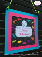 Load image into Gallery viewer, Disco Wild Animals Birthday Door Banner Dance Party Boy Girl Retro Ball Tropical Jungle Zoo 60s 70s Neon Boogie Bear Invitations Donna Theme