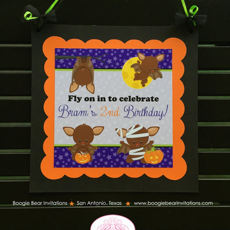 Halloween Bat Birthday Party Door Banner Boy Girl Fall Pumpkin Full Moon Mummy Orange Green Purple Black Boogie Bear Invitations Bram Theme