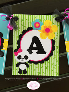 Pink Panda Bear Birthday Party Banner Name Girl Black Blue Green Tropical Wild Zoo Animals Forest Bow Boogie Bear Invitations Jeanette Theme