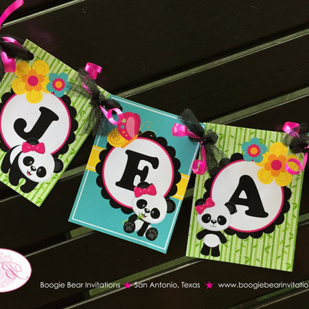 Pink Panda Bear Birthday Party Banner Small Black Blue Green Tropical Jungle Girl Wild Zoo Butterfly Boogie Bear Invitations Jeanette Theme