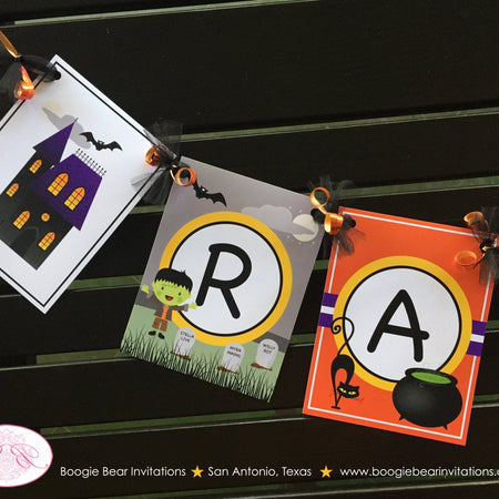 Halloween Birthday Party Name Banner Graveyard Cemetery Haunted House Black Cat Spooky Bat Witch Boo Boogie Bear Invitations Raven Lee Theme
