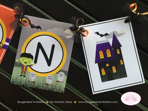 Halloween Birthday Party Name Banner Graveyard Cemetery Haunted House Black Cat Spooky Bat Witch Boo Boogie Bear Invitations Raven Lee Theme