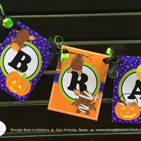 Halloween Bat Party Name Age Banner Birthday Little Girl Boy Pumpkin Full Moon Stars Mummy Vampire Flying Boogie Bear Invitations Bram Theme