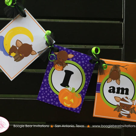Halloween Bat I am 1 Highchair Banner Party Little Girl Boy Pumpkin Full Moon Stars Mummy Vampire Flying Boogie Bear Invitations Bram Theme