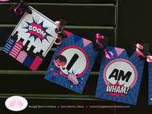 Load image into Gallery viewer, Pink Supergirl I am 1 Highchair Banner Party Super Girl Superhero Pink Navy Blue Cityscape Pow Wham 1st Boogie Bear Invitations Dinah Theme