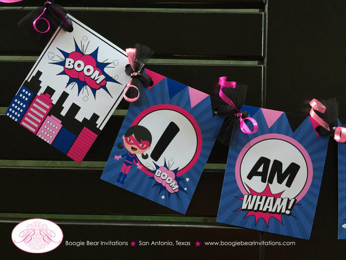 Pink Supergirl I am 1 Highchair Banner Party Super Girl Superhero Pink Navy Blue Cityscape Pow Wham 1st Boogie Bear Invitations Dinah Theme