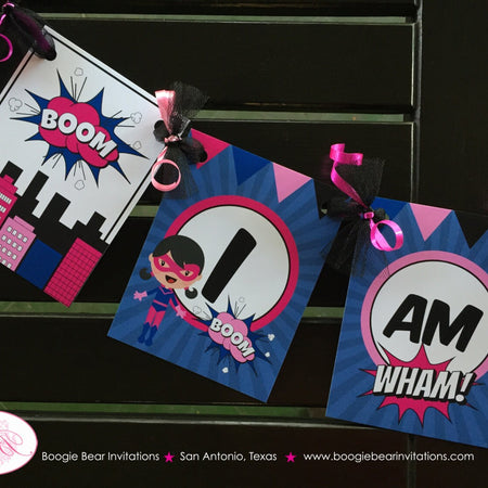 Pink Supergirl I am 1 Highchair Banner Party Super Girl Superhero Pink Navy Blue Cityscape Pow Wham 1st Boogie Bear Invitations Dinah Theme
