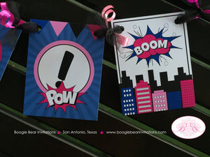 Pink Supergirl I am 1 Highchair Banner Party Super Girl Superhero Pink Navy Blue Cityscape Pow Wham 1st Boogie Bear Invitations Dinah Theme
