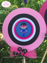 Load image into Gallery viewer, Supergirl Birthday Party Centerpiece Set Super Girl Superhero Pink Black Comic Retro Masked Pow Wham Boogie Bear Invitations Dinah Theme