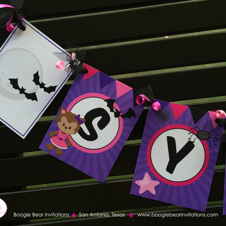 Pink Werewolf Girl Birthday Name Banner Party Halloween Magenta Purple Black 1st 4th 5th 6th 7th 8th Boogie Bear Invitations Sylvie Theme